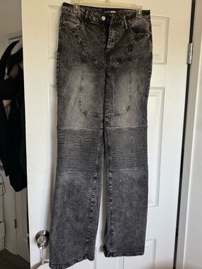 Fashion Nova Black Washed Flare Moto Jeans